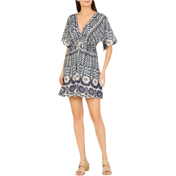 Omika Pia Mini Dress Blue Floral Cotton Caftan Lightweight Beach Coverup OS OSFA - Picture 1 of 12